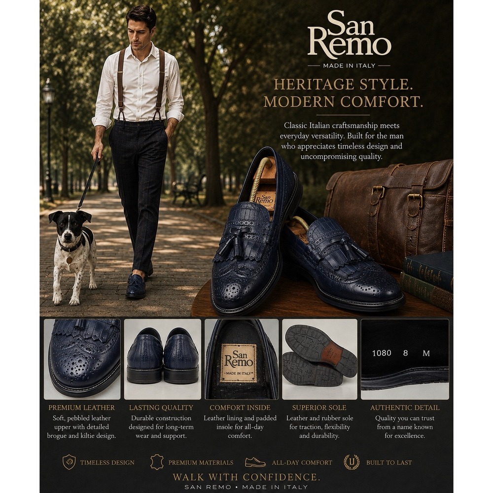 San Remo Men's Black Leather Wingtip Kiltie Tassel Loafers Made in Italy Size